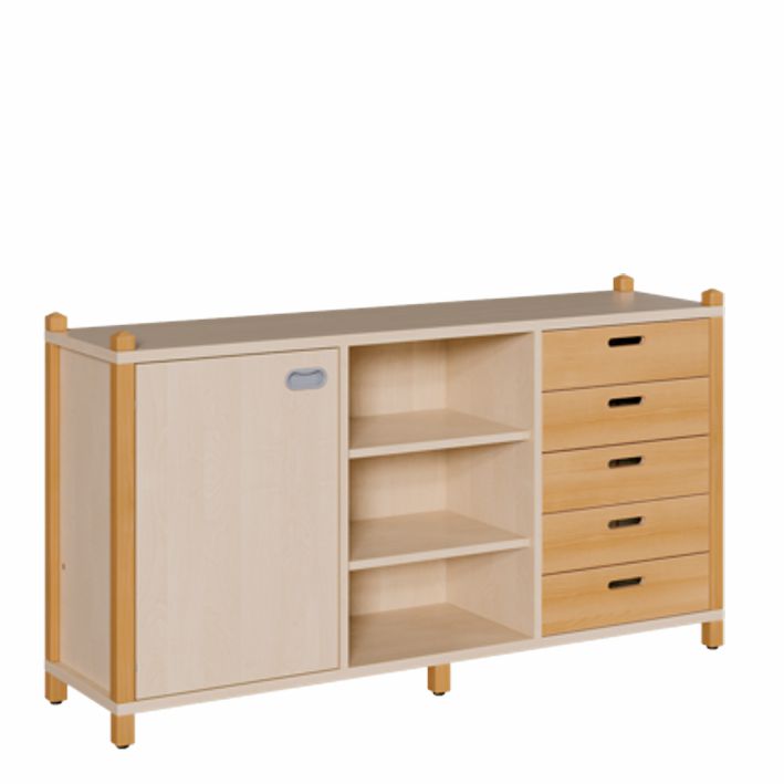 ST Raumteilerschrank 80 cm, 1 Tür re./li./Regal/5 Massivholzschübe